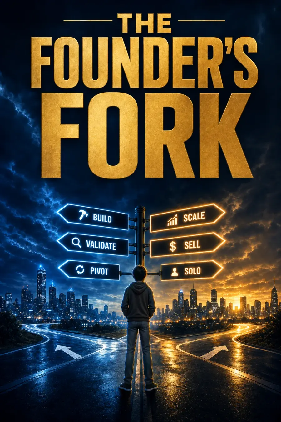 The Founder's Fork cover: a hooded founder, seen from behind, at a glowing signpost where a wet road forks between a blue city and a gold one