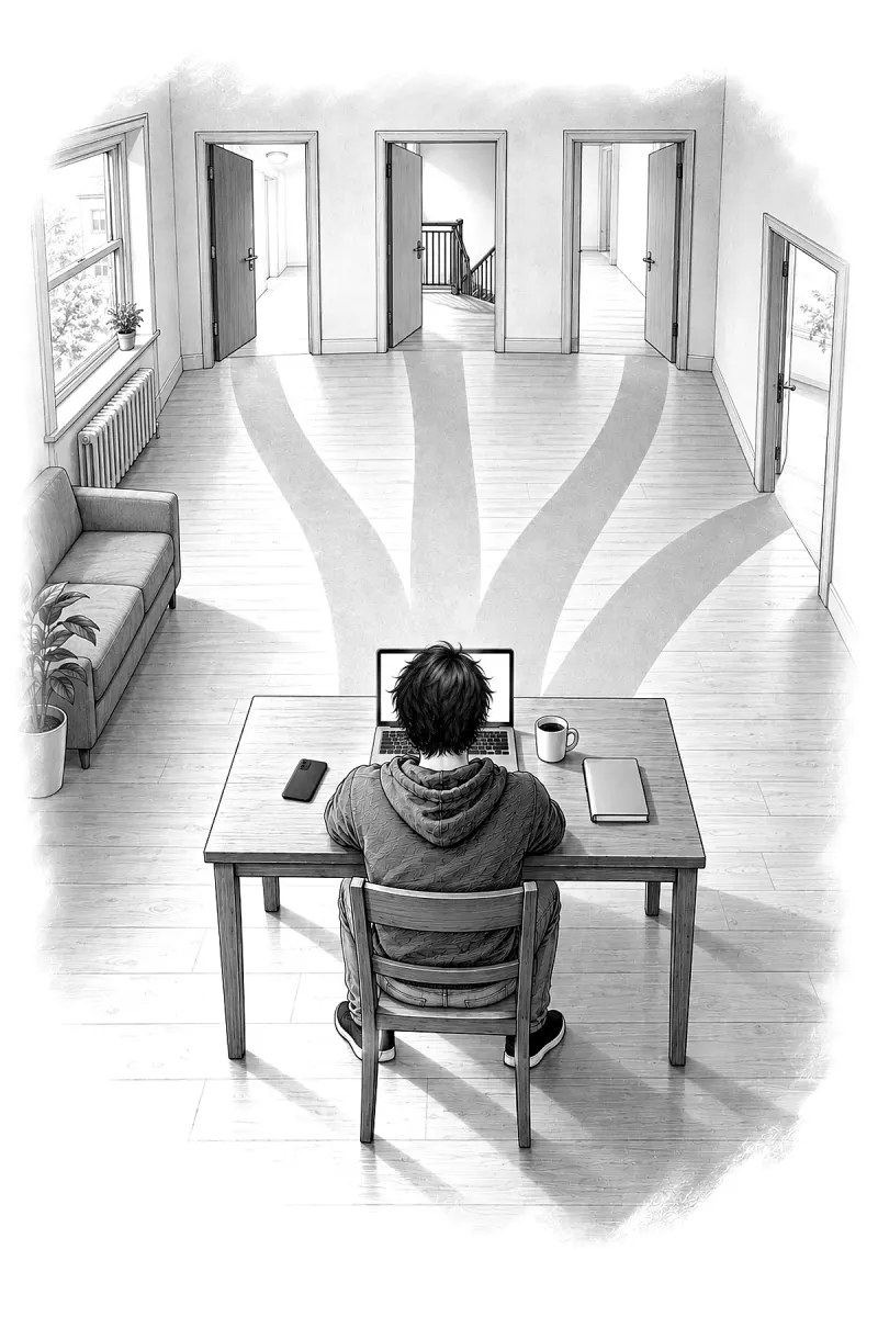 From behind, you sit at a desk in your apartment. Four light paths run across the floor to four open doors.