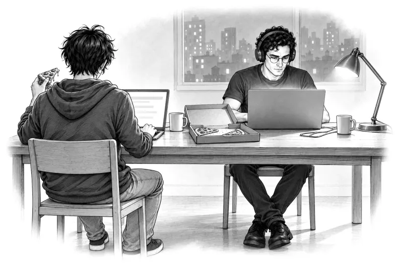 You and Raul at a table at night, both on laptops, building.