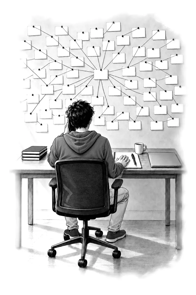 From behind, you sit at a desk facing a wall covered in notes from customer calls.