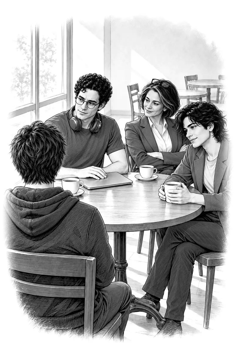 You sit at a cafe table with Raul, Dana and Alex.