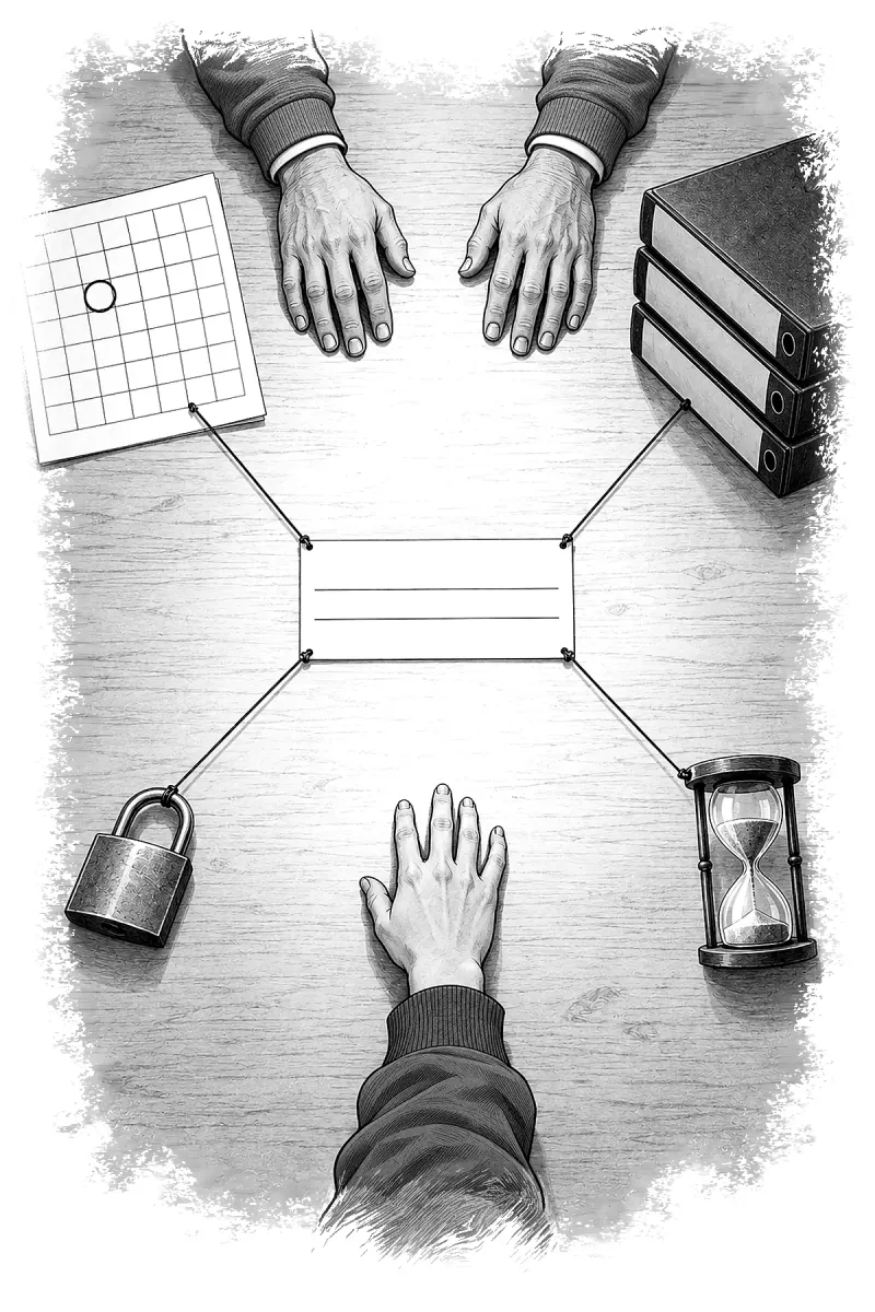 Hands across a table around a blank contract, with a padlock, an hourglass, a calendar and binders tied to it.
